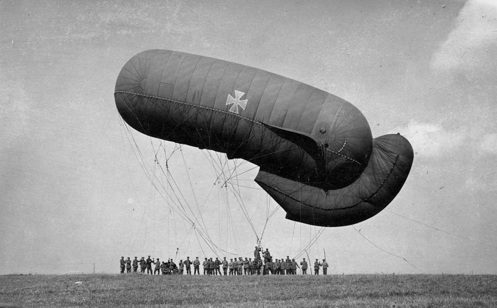 German captive balloon at Equancourt, France, on September 22, 1916. Observation balloons were used by both sides to gain an advantage of height across relatively flat terrain. Observers were lifted in a small gondola suspended below the hydrogen-filled balloons. Hundreds were shot down during the course of the war.