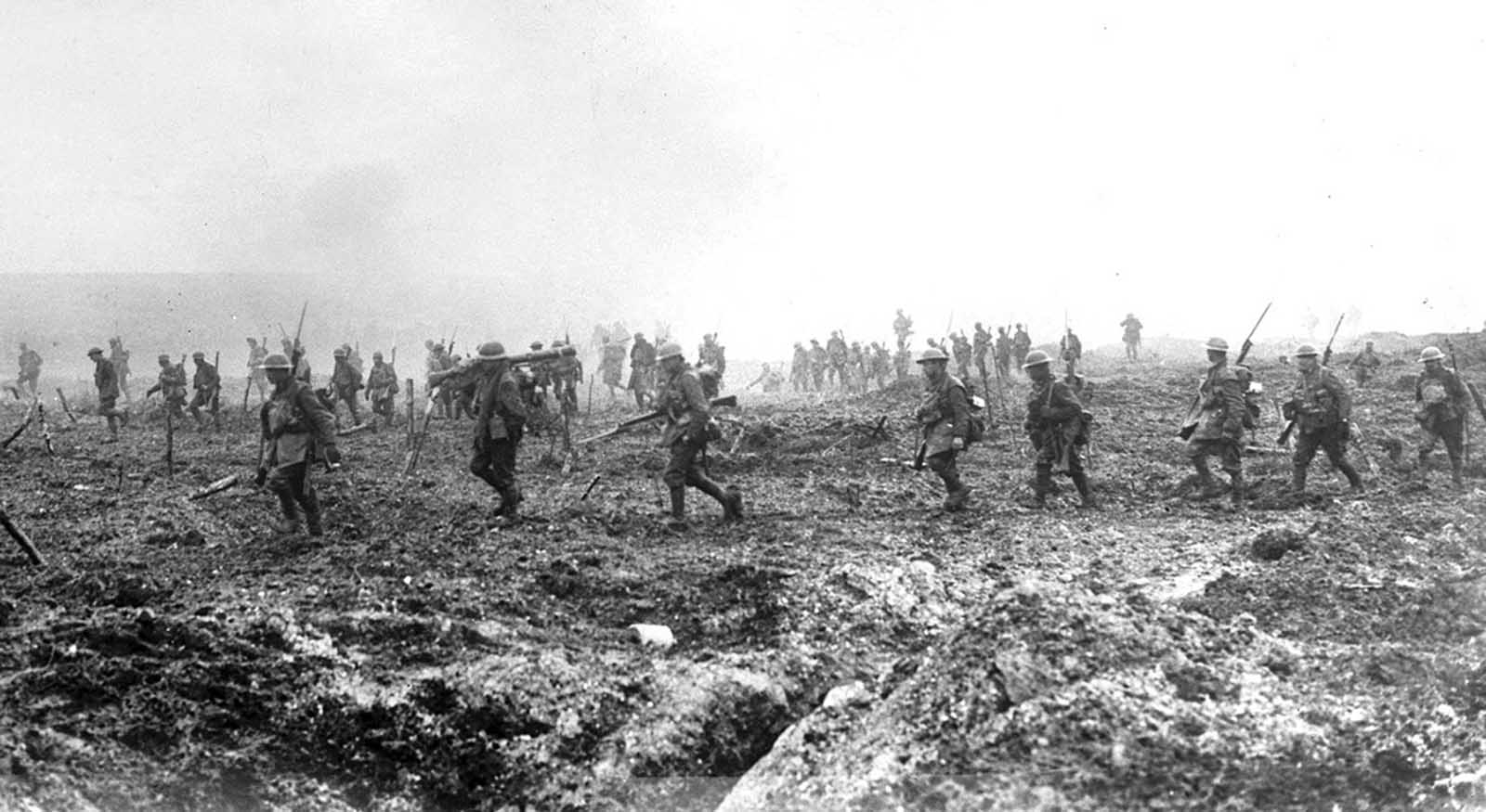 British soldiers on Vimy Ridge, 1917. British and Canadian forces pushed through German defenses at the Battle of Vimy Ridge in April of 1917, advancing as far as six miles in three days, retaking high ground and the town of Thelus, at the cost of nearly 4,000 dead.